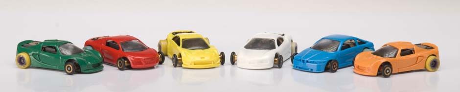 A row of Fray slot cars